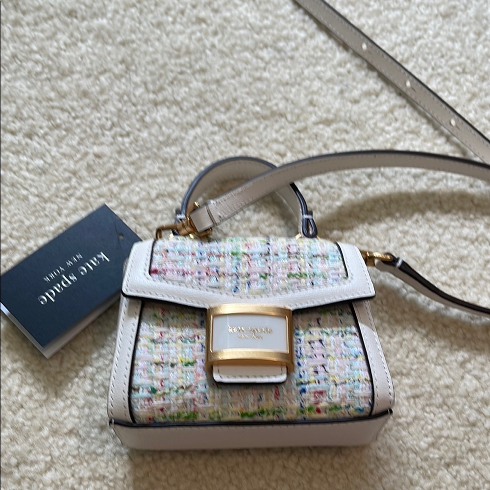 Micro Kate Spade White Multicolor tweed Crossbody Bag